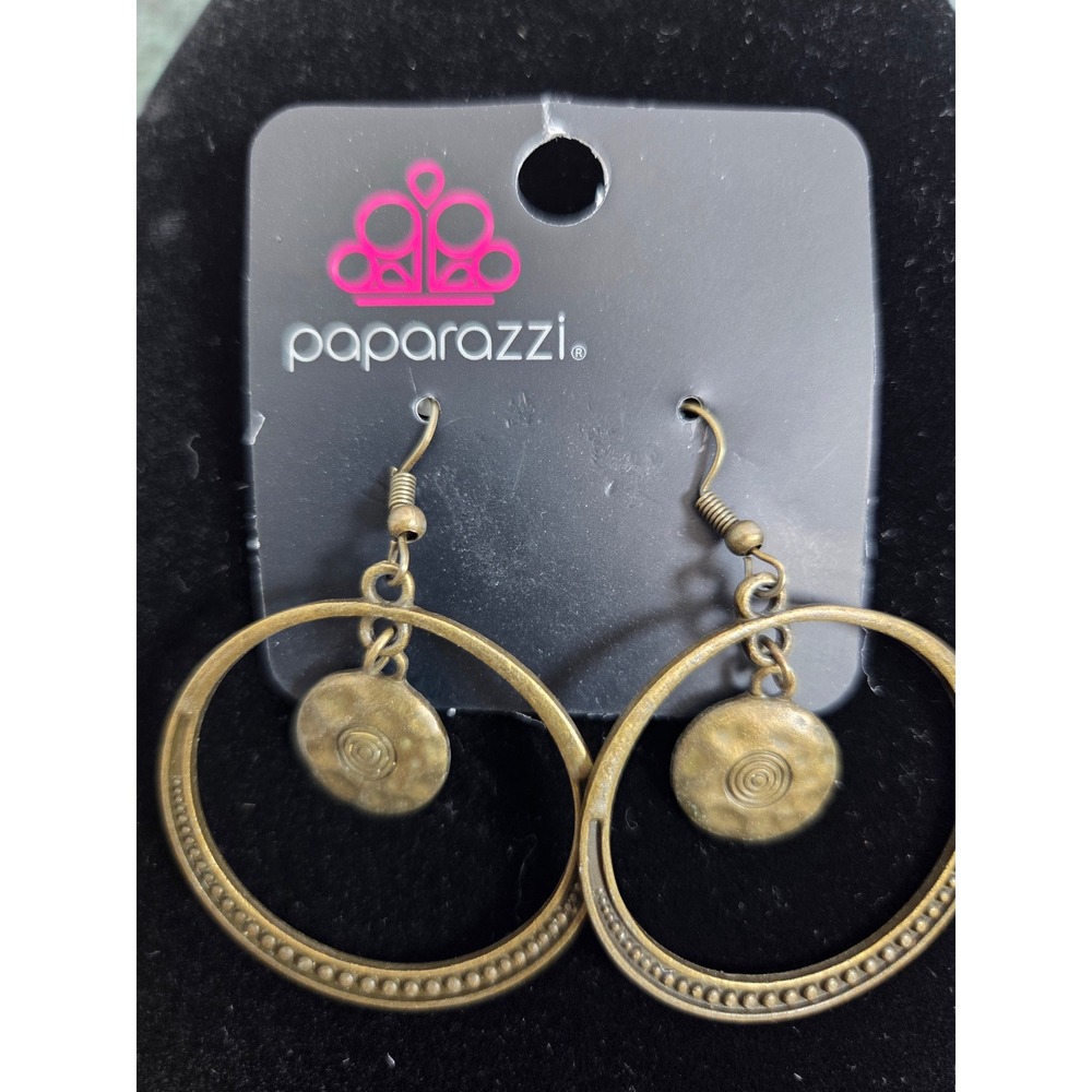 Paparazzi Brass Hoop Earrings Antique Textured Dangle Hammered Disc Boho Womens